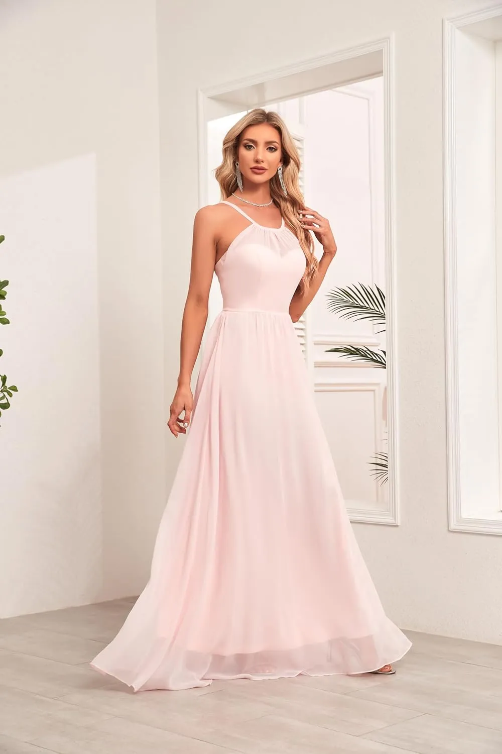 Crew Neck A-line Bridesmaid Dresses Long Prom Dress Chiffon Formal Evening Gowns for Women B030