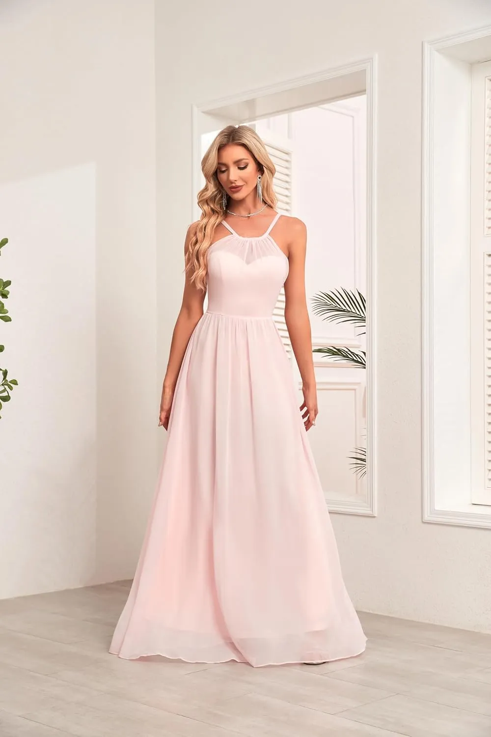 Crew Neck A-line Bridesmaid Dresses Long Prom Dress Chiffon Formal Evening Gowns for Women B030