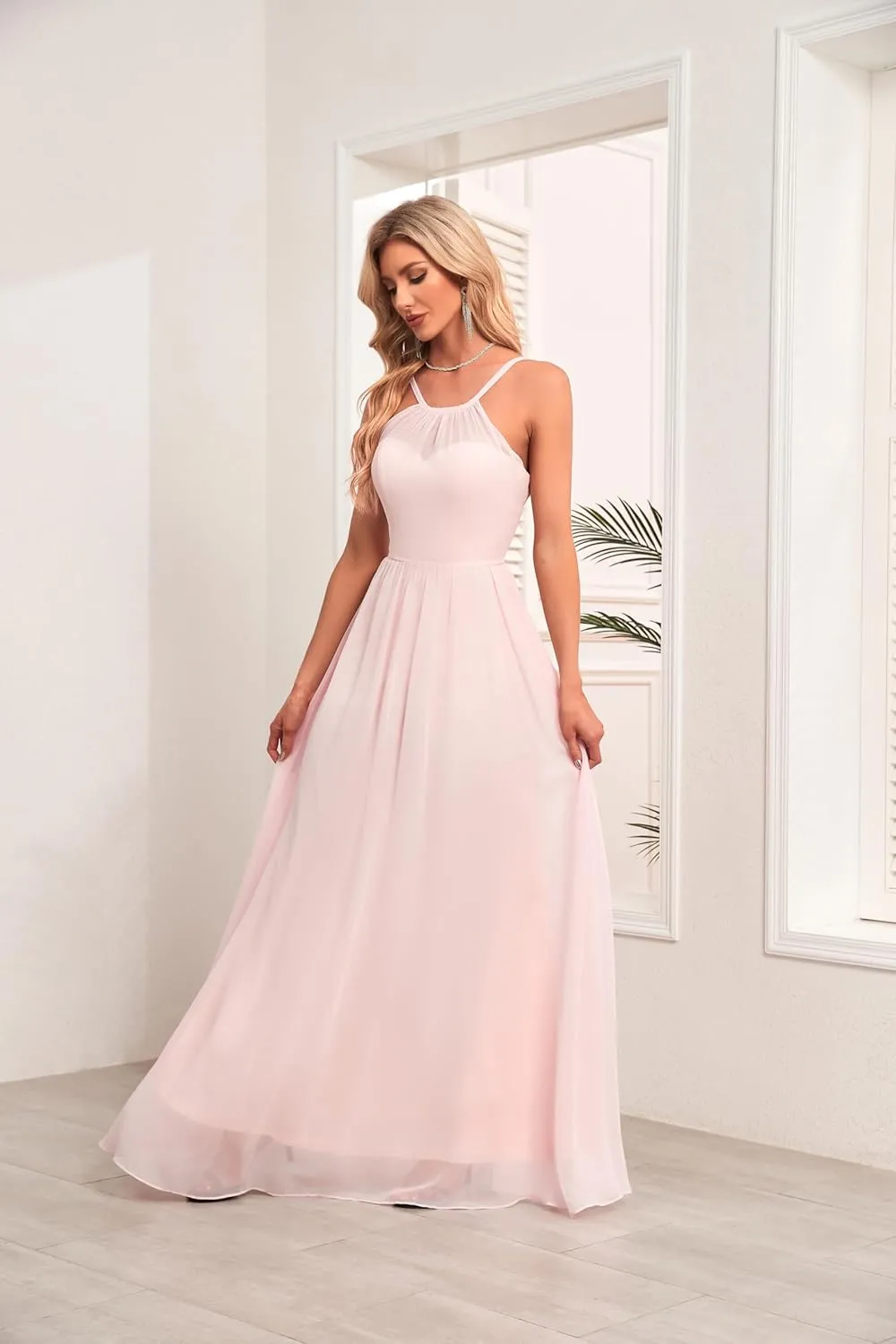 Crew Neck A-line Bridesmaid Dresses Long Prom Dress Chiffon Formal Evening Gowns for Women B030
