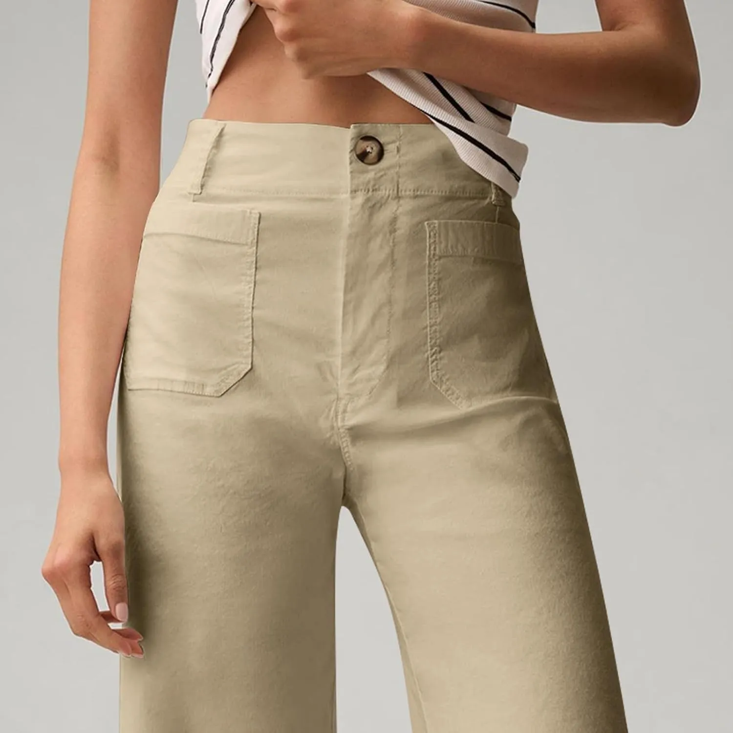 Cropped Pants for Women Stretch Straight Wide Leg High Waisted Business Work Chino Trousers Jeans with Pockets