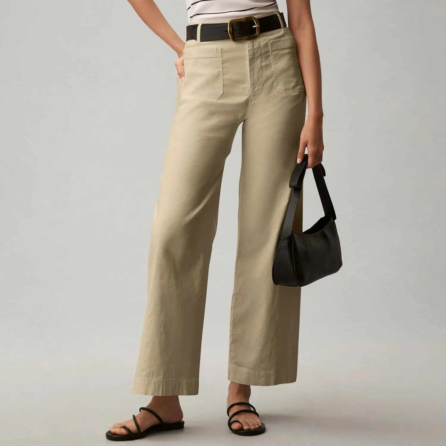 Cropped Pants for Women Stretch Straight Wide Leg High Waisted Business Work Chino Trousers Jeans with Pockets