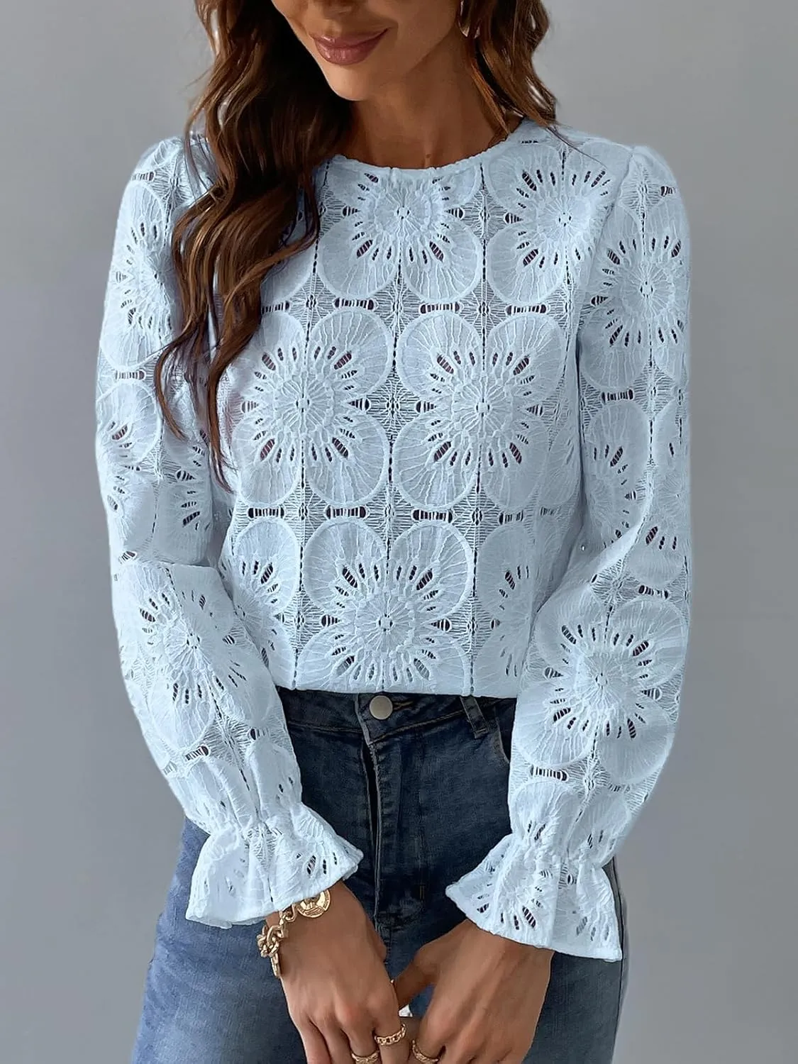 CUPSHE Women Eyelet Long Sleeve Tops Shirts Dressy Hollow Out Crochet Lace Embroidered Blouses 2025 Fashion