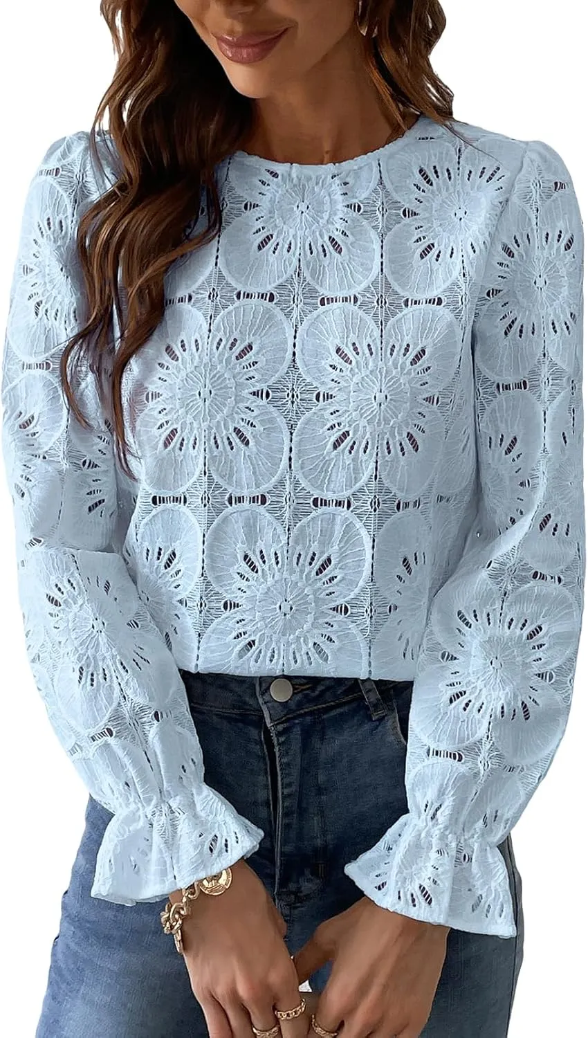 CUPSHE Women Eyelet Long Sleeve Tops Shirts Dressy Hollow Out Crochet Lace Embroidered Blouses 2025 Fashion