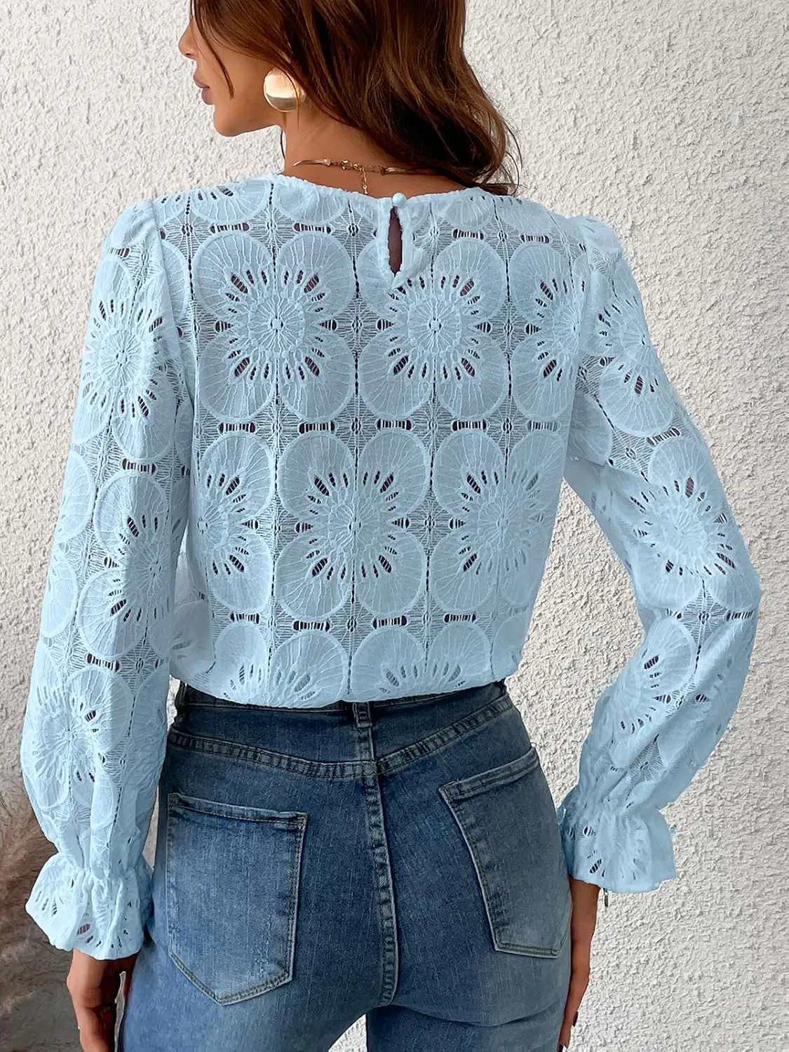 CUPSHE Women Eyelet Long Sleeve Tops Shirts Dressy Hollow Out Crochet Lace Embroidered Blouses 2025 Fashion