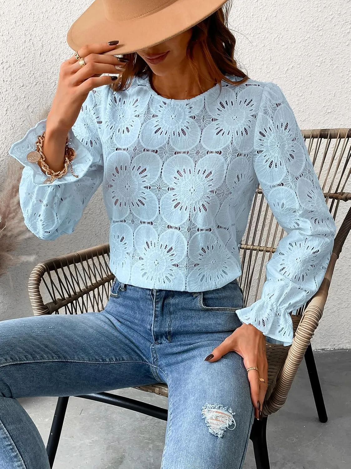 CUPSHE Women Eyelet Long Sleeve Tops Shirts Dressy Hollow Out Crochet Lace Embroidered Blouses 2025 Fashion