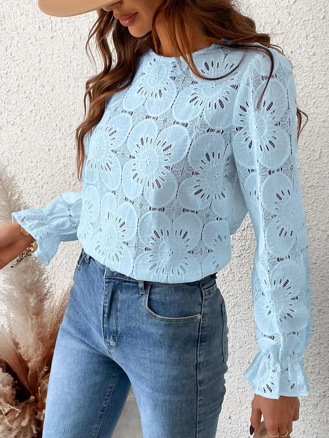 CUPSHE Women Eyelet Long Sleeve Tops Shirts Dressy Hollow Out Crochet Lace Embroidered Blouses 2025 Fashion