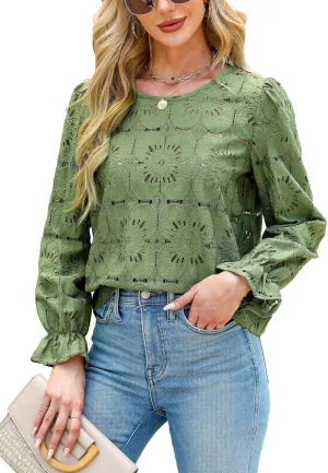 CUPSHE Women Eyelet Long Sleeve Tops Shirts Dressy Hollow Out Crochet Lace Embroidered Blouses 2025 Fashion