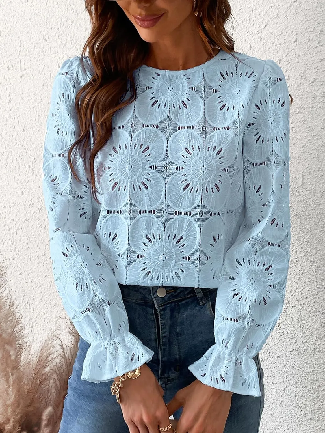 CUPSHE Women Eyelet Long Sleeve Tops Shirts Dressy Hollow Out Crochet Lace Embroidered Blouses 2025 Fashion