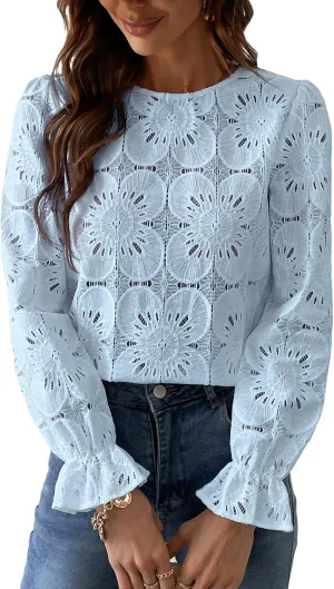 CUPSHE Women Eyelet Long Sleeve Tops Shirts Dressy Hollow Out Crochet Lace Embroidered Blouses 2025 Fashion