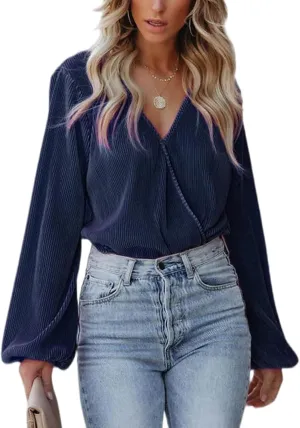 CUPSHE Women Long Lantern Sleeve Shirts Tops Dressy Casual Loose Fit V Neck Blouses