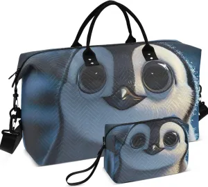 Cute Penguin Big Eyes Duffel Bags Travel Make up Bags Set of 2, Print Women Luggage Bag Overnight Bags
