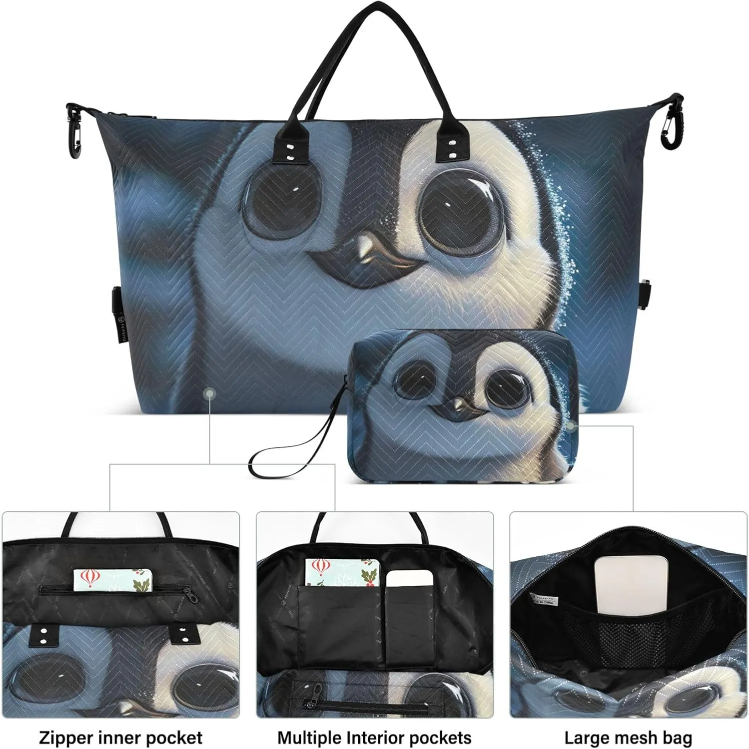 Cute Penguin Big Eyes Duffel Bags Travel Make up Bags Set of 2, Print Women Luggage Bag Overnight Bags