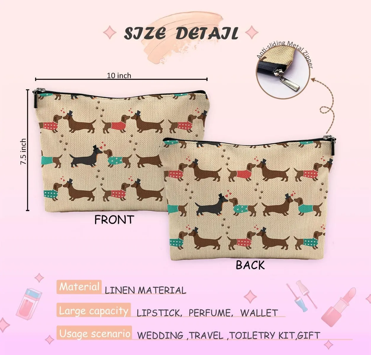 Dachshund Valentine Makeup Bag - Love & Dachshund Gifts for Her, Wife, Girlfriend & Mom - Small Cosmetic Bag for Purse