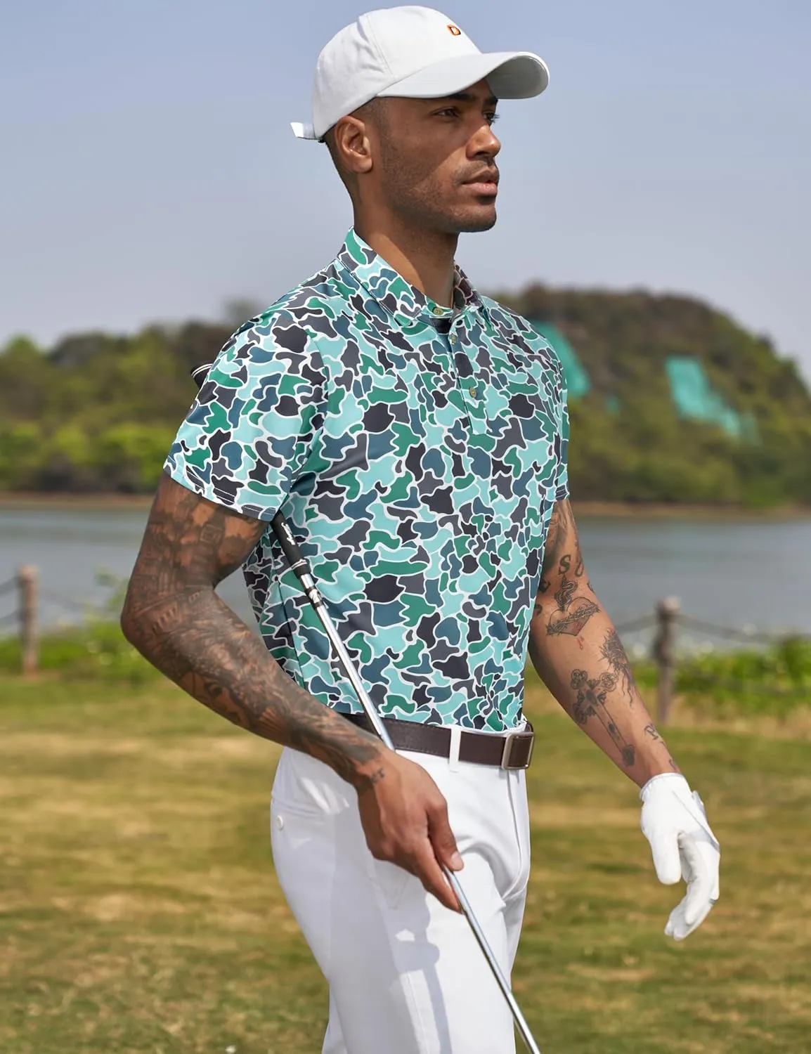 Derminpro Mens Camo Golf Shirts Moisture Wicking Short/Long Sleeve Dry Fit Golf Polos