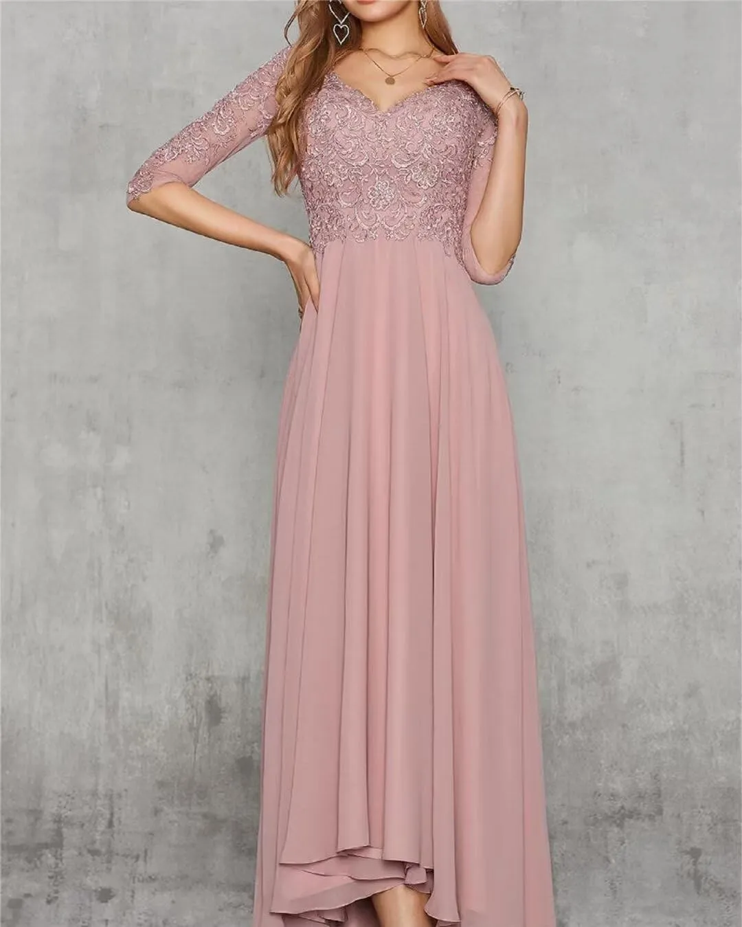 Dexinyuan 3/4 Sleeve Mother of The Bride Dresses for Wedding Lace Chiffon Tea Length Formal Party Gowns