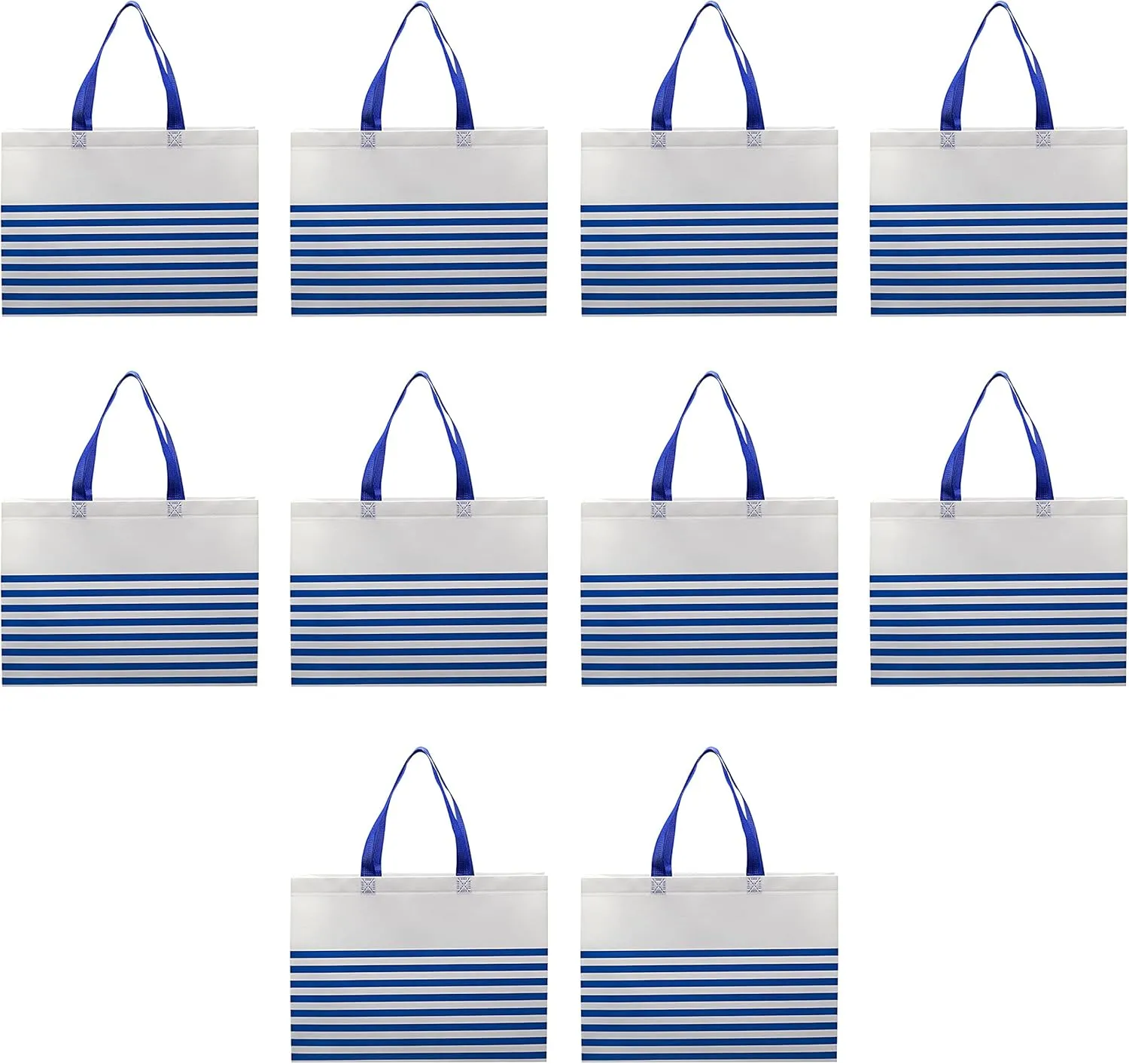 DISCOUNT PROMOS 10 Seaside Striped Tote Bags Set - Non Woven, Big, Vibrant, Reusable - Blue
