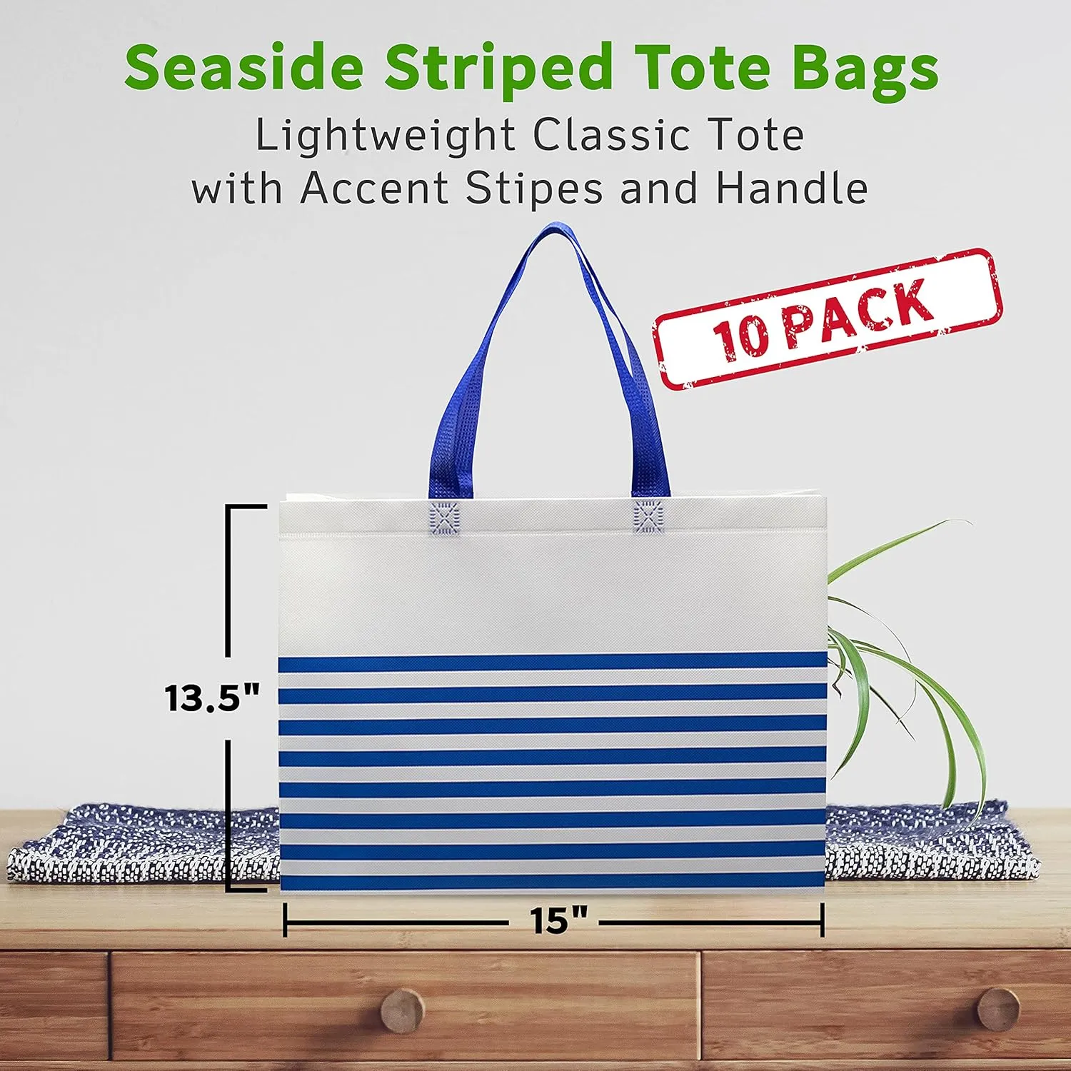 DISCOUNT PROMOS 10 Seaside Striped Tote Bags Set - Non Woven, Big, Vibrant, Reusable - Blue