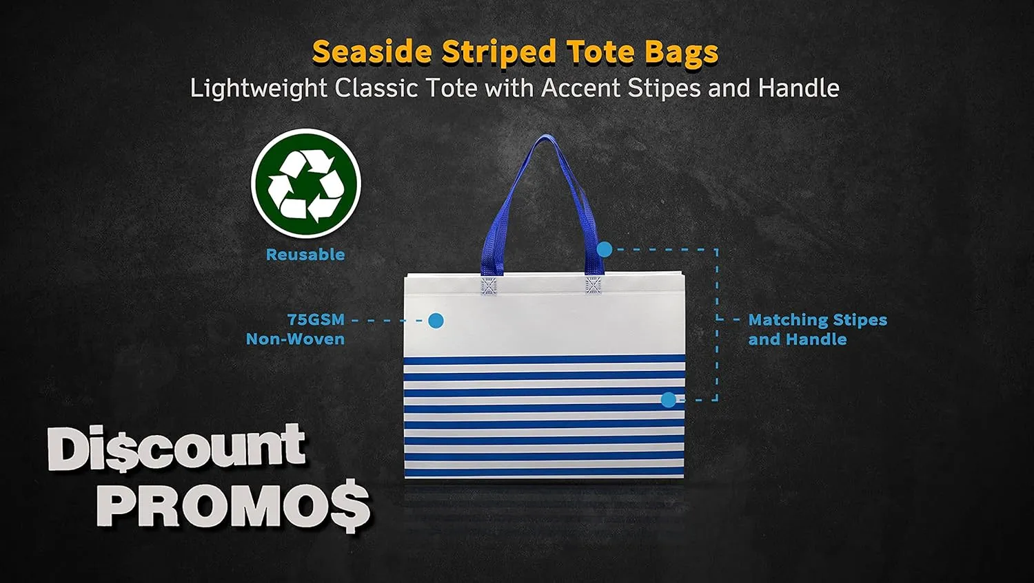 DISCOUNT PROMOS 10 Seaside Striped Tote Bags Set - Non Woven, Big, Vibrant, Reusable - Blue