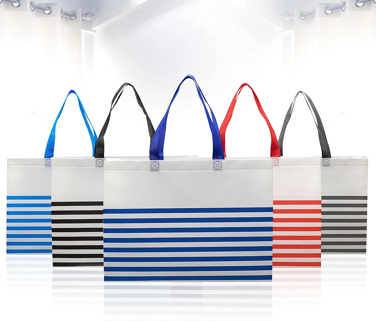 DISCOUNT PROMOS 10 Seaside Striped Tote Bags Set - Non Woven, Big, Vibrant, Reusable - Blue