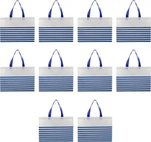 DISCOUNT PROMOS 10 Seaside Striped Tote Bags Set - Non Woven, Big, Vibrant, Reusable - Blue