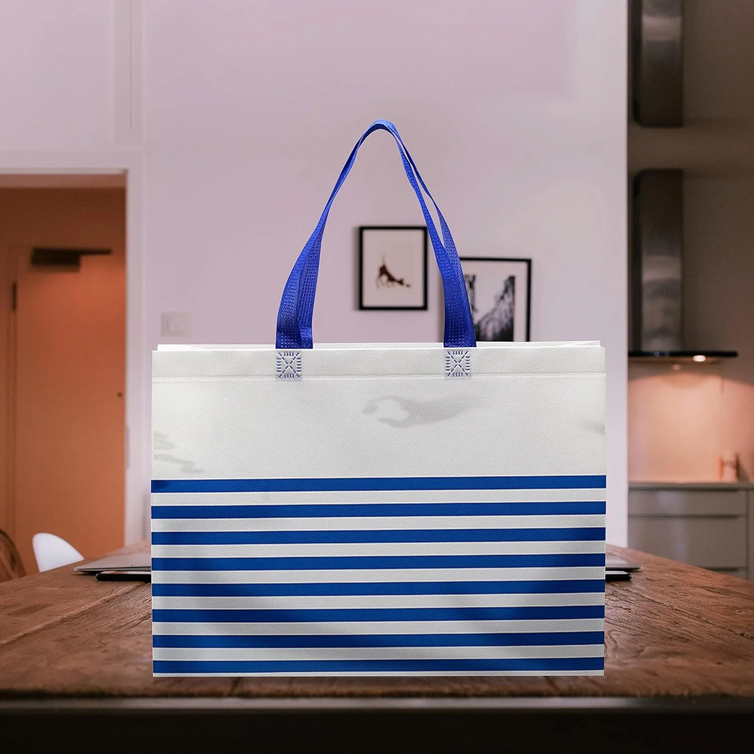 DISCOUNT PROMOS 10 Seaside Striped Tote Bags Set - Non Woven, Big, Vibrant, Reusable - Blue