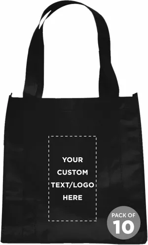 DISCOUNT PROMOS Custom Reusable Grocery Tote Bag for Shopping - 10 Pack - Personalized Logo, Text -Small Foldable Bags  Black - 12.625"X13"X8.75"