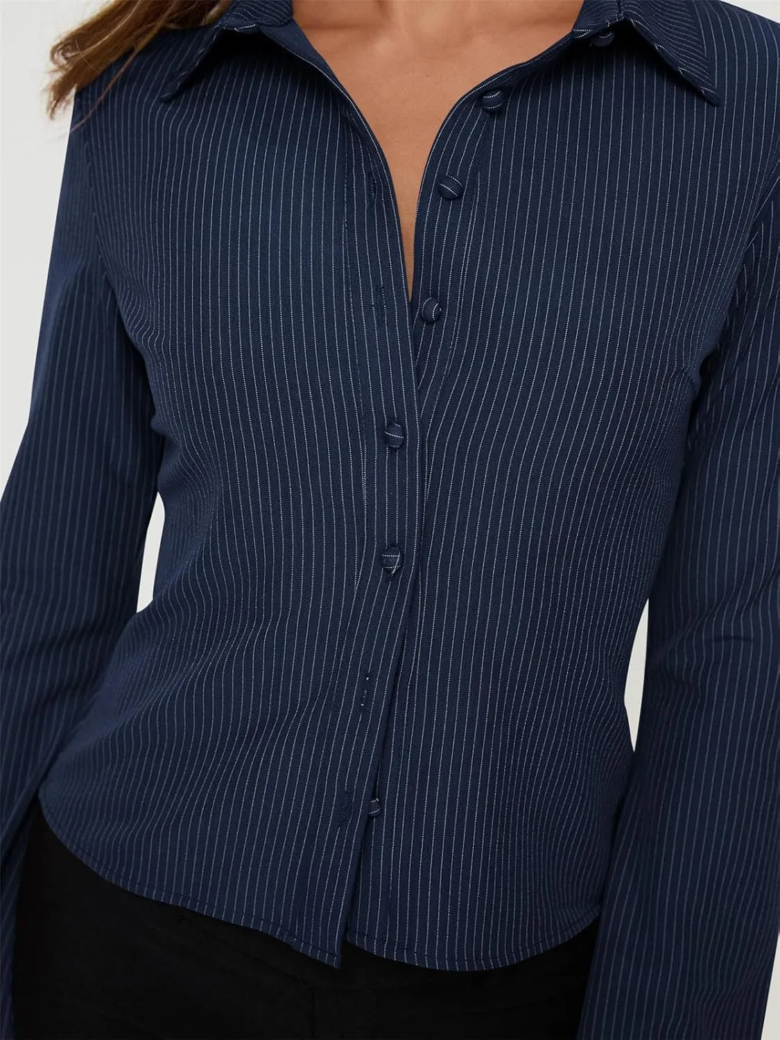 ECHOINE Women Button Down Shirts Long Sleeves Slim Fitted Casual Collared Blouses Work Striped Tops