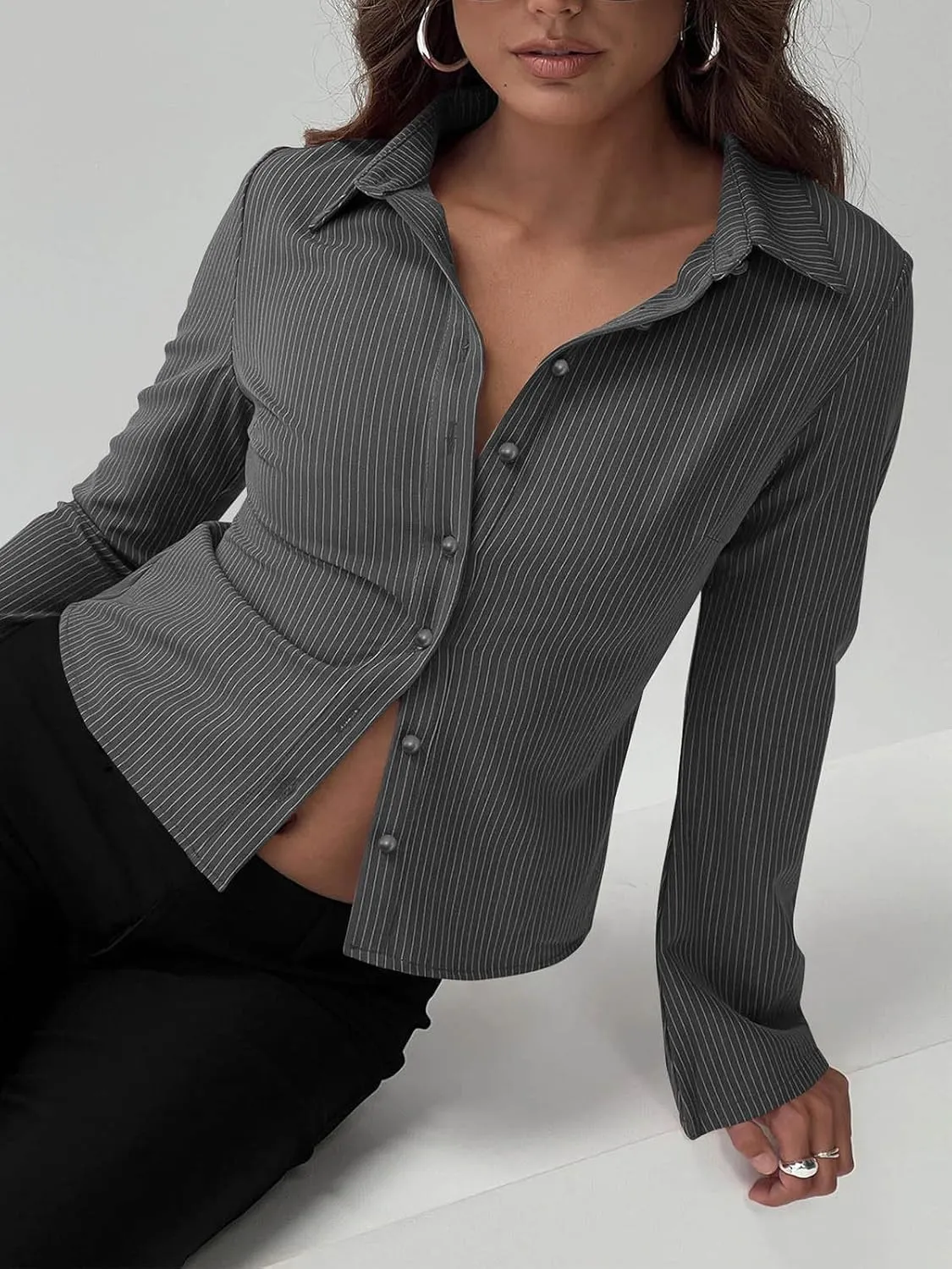 ECHOINE Women Button Down Shirts Long Sleeves Slim Fitted Casual Collared Blouses Work Striped Tops