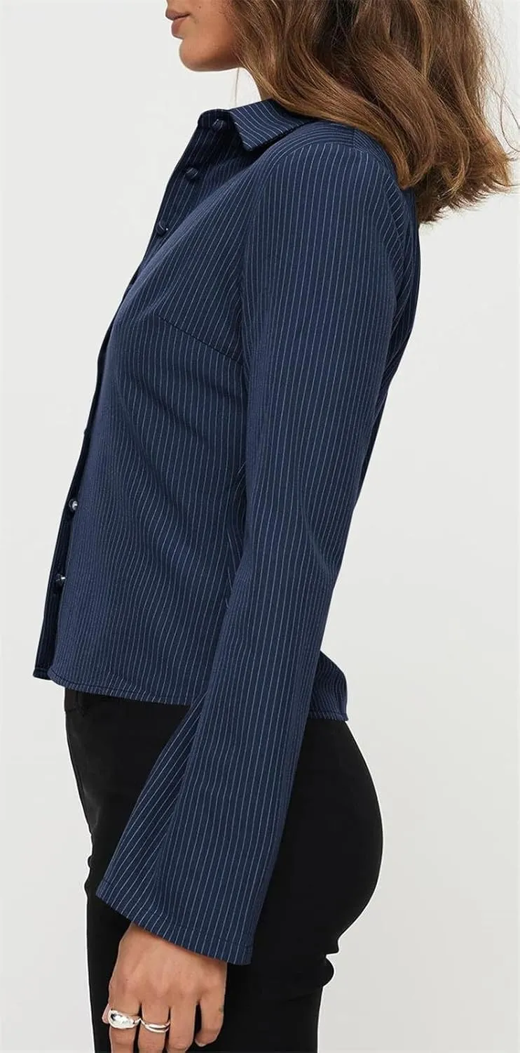 ECHOINE Women Button Down Shirts Long Sleeves Slim Fitted Casual Collared Blouses Work Striped Tops