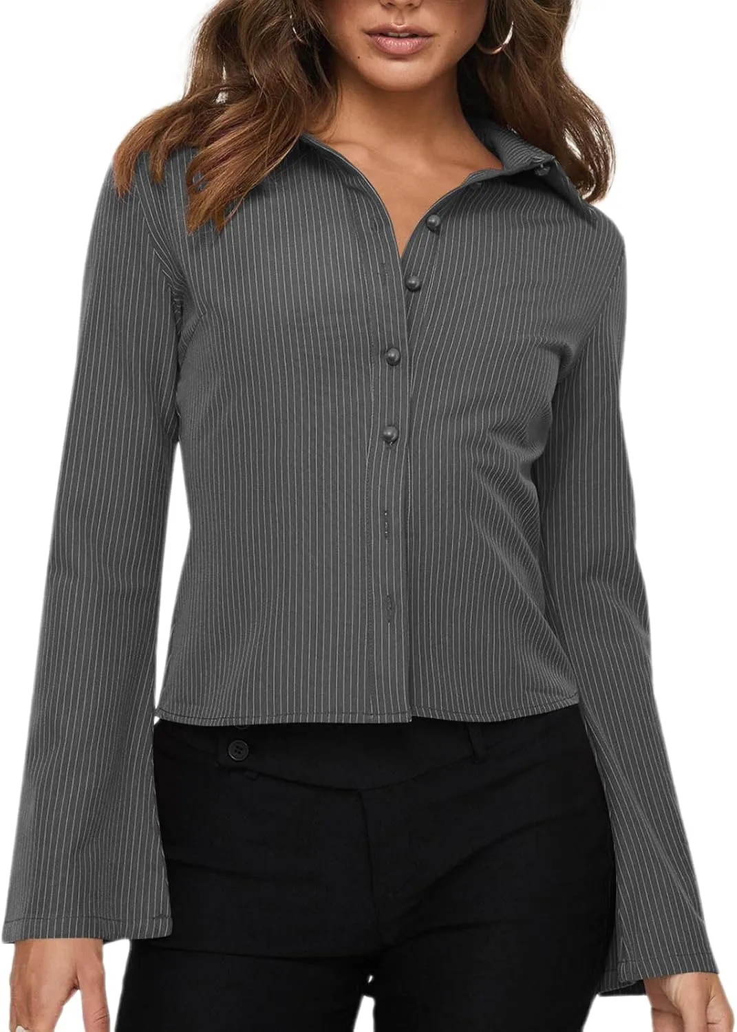 ECHOINE Women Button Down Shirts Long Sleeves Slim Fitted Casual Collared Blouses Work Striped Tops