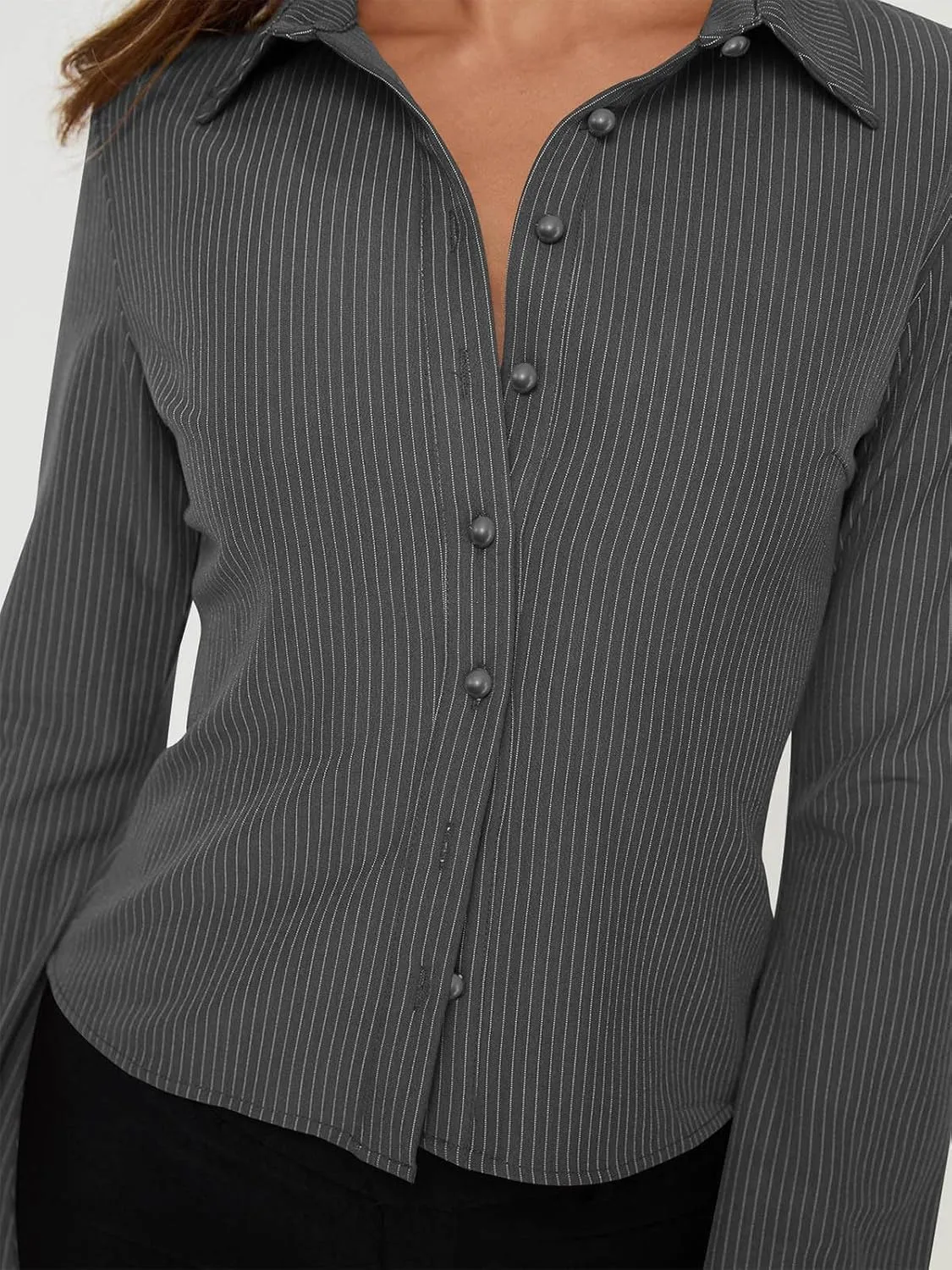 ECHOINE Women Button Down Shirts Long Sleeves Slim Fitted Casual Collared Blouses Work Striped Tops