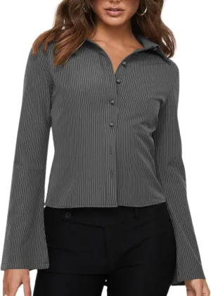 ECHOINE Women Button Down Shirts Long Sleeves Slim Fitted Casual Collared Blouses Work Striped Tops