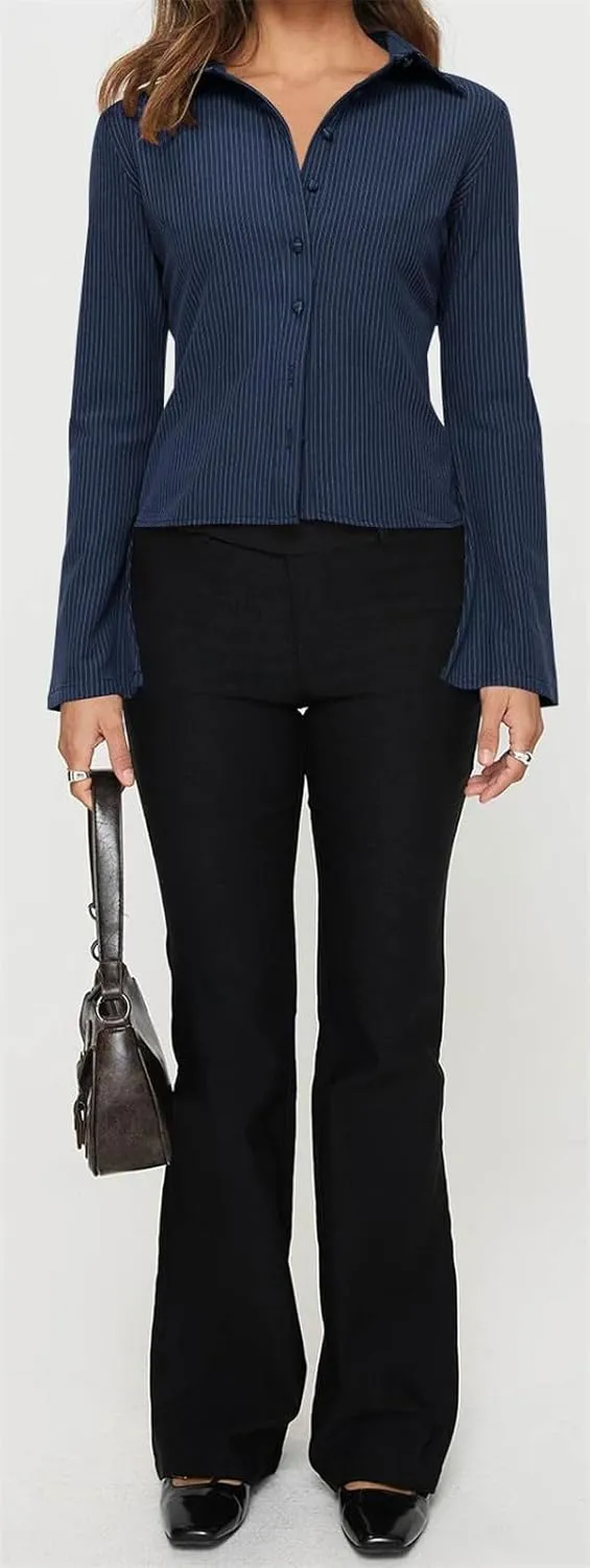 ECHOINE Women Button Down Shirts Long Sleeves Slim Fitted Casual Collared Blouses Work Striped Tops