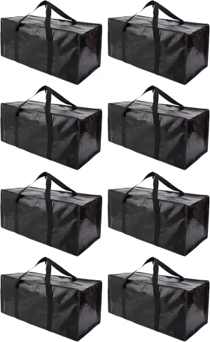Extra Large Moving Bags with Zippers & Carrying Handles, Heavy-Duty Storage Tote for Space Saving Moving Storage, Fold Flat, Alternative to Box and Bin - 8 Pack, Black