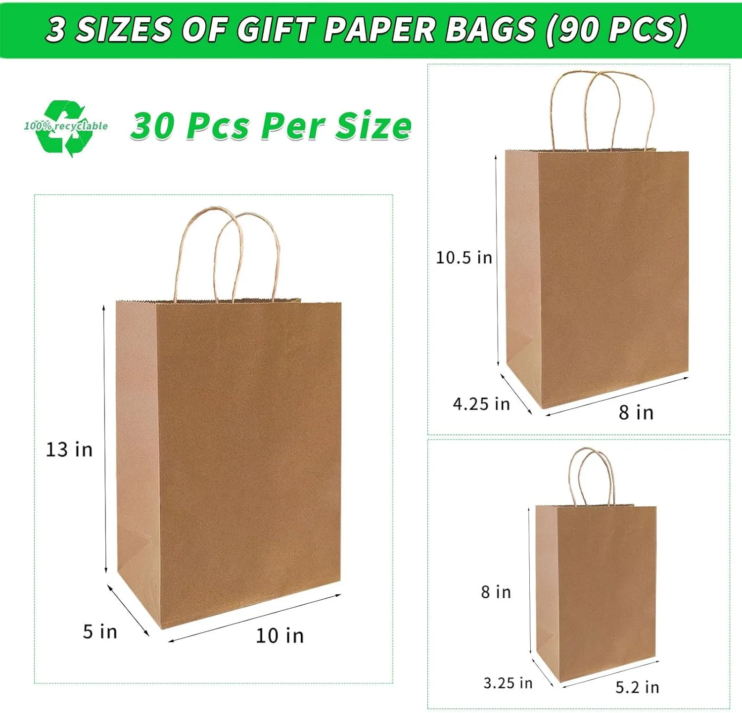 FACEBAG 90-Pack Brown Kraft Paper Bags with Handles Bulk, Assorted Sizes Gift BagsGroceryRetailPartyBirthdayShoppingBusinessGoodyCraftMerchandise Take Out Sacks