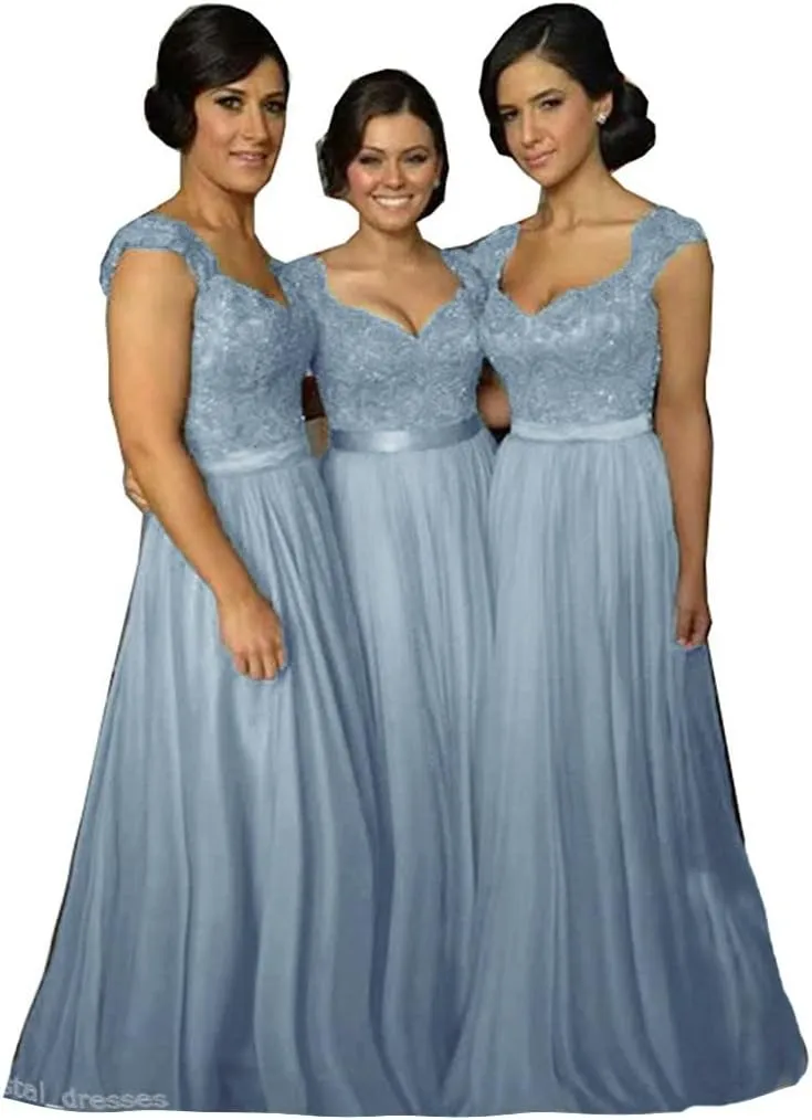Fanciest Navy Blue Bridesmaid Dresses for Women Long Chiffon A Line Appliques Lace Formal Dress Maxi Prom Gowns