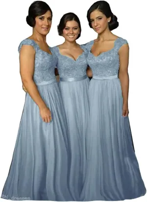 Fanciest Navy Blue Bridesmaid Dresses for Women Long Chiffon A Line Appliques Lace Formal Dress Maxi Prom Gowns
