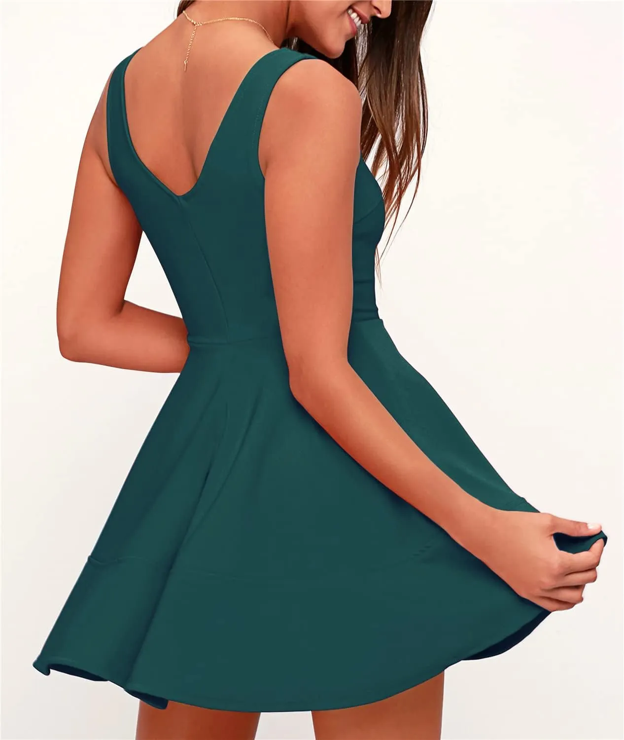 FANCYINN Women's Short V-Back Dress U-Neck Inslace Hem Wide Straps Tank Mini Skater Cocktail Dresses