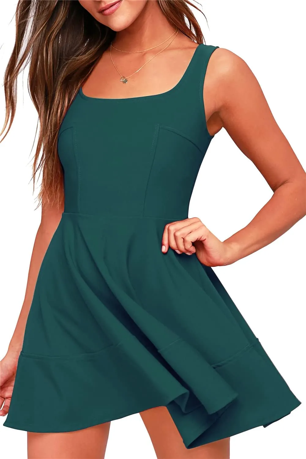 FANCYINN Women's Short V-Back Dress U-Neck Inslace Hem Wide Straps Tank Mini Skater Cocktail Dresses