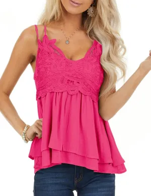 Feager Lace Tank Tops for Women Summer Spaghetti Strap Babydoll Tops Chiffon Cami Sleeveless Shirts
