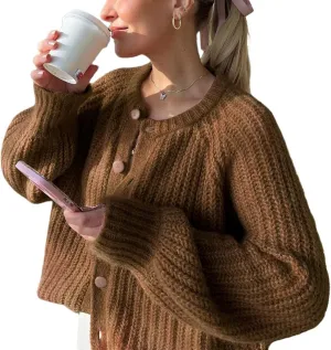 FindThy Womens Chunky Knit Cardigan Long Sleeve Button Down Crewneck Fall Sweater Coat
