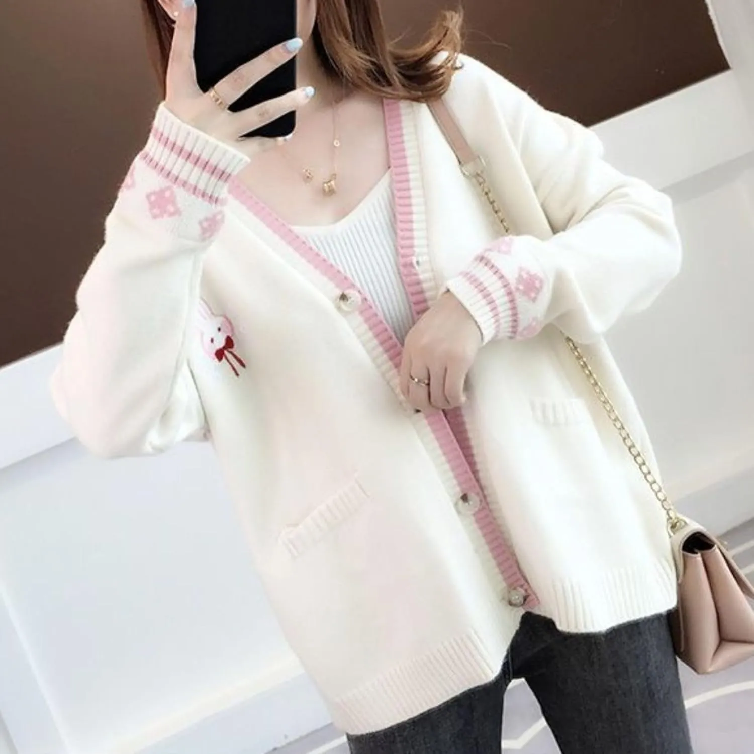 FindThy Womens Cute Rabbit Embroidered Cardigan Long Sleeve Pocketed Kawaii Cardigans Sweater