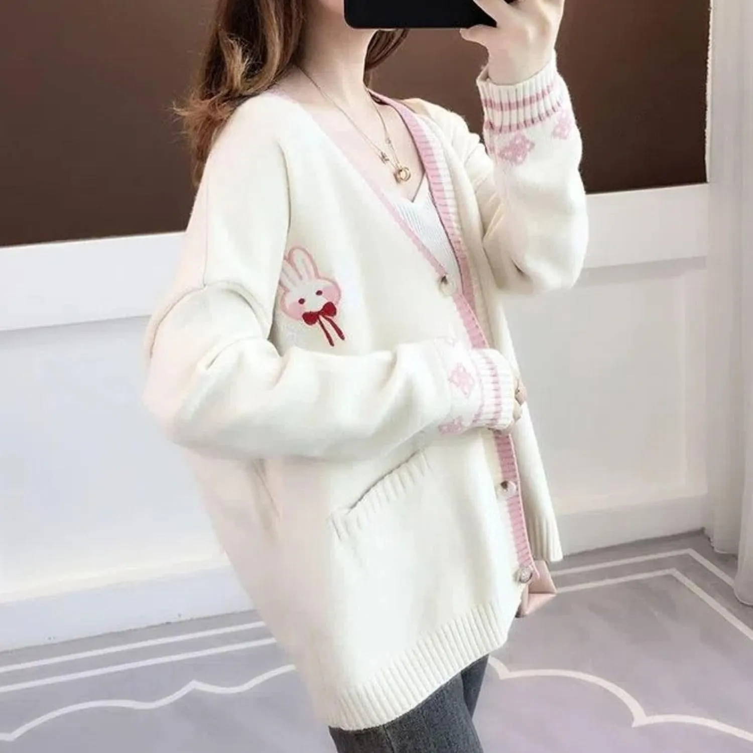 FindThy Womens Cute Rabbit Embroidered Cardigan Long Sleeve Pocketed Kawaii Cardigans Sweater