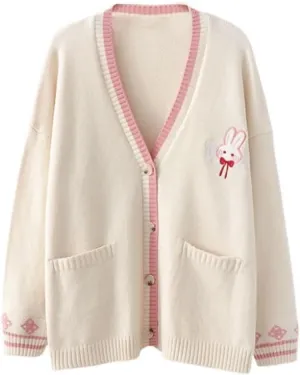 FindThy Womens Cute Rabbit Embroidered Cardigan Long Sleeve Pocketed Kawaii Cardigans Sweater