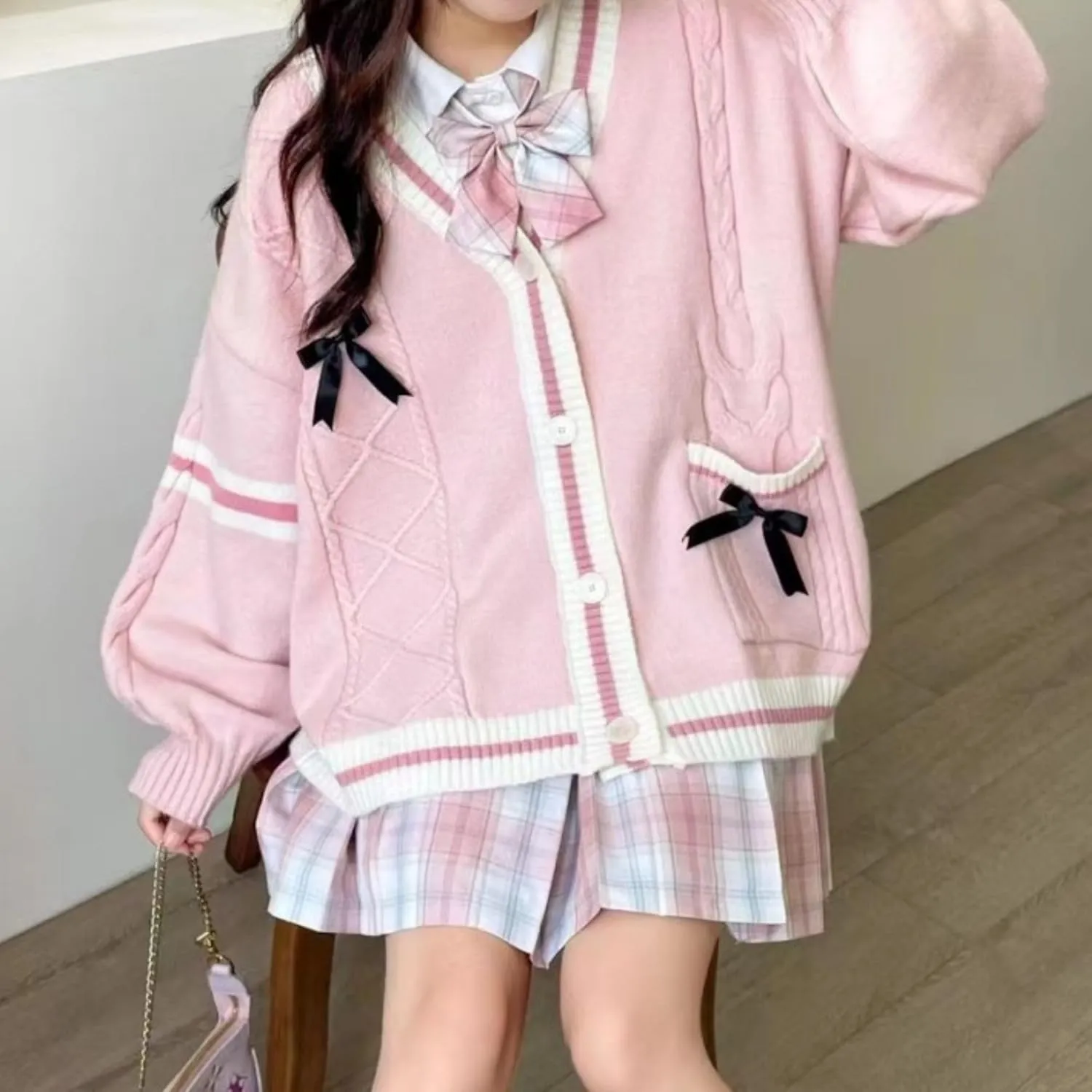 FindThy Womens Kawaii JK School Uniform Cardigans Long Sleeve Button Up Cardigan with Pinned Bowknot