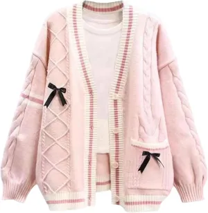 FindThy Womens Kawaii JK School Uniform Cardigans Long Sleeve Button Up Cardigan with Pinned Bowknot