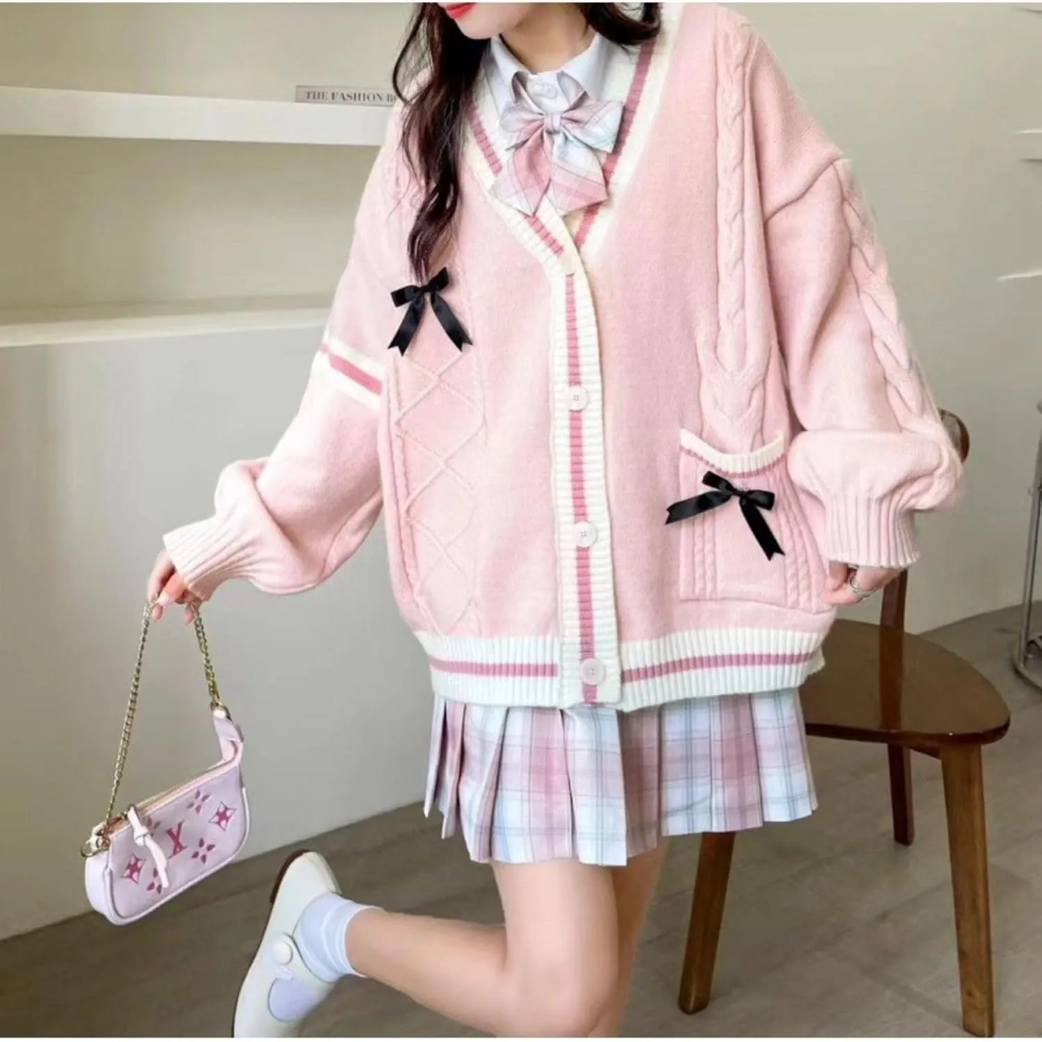 FindThy Womens Kawaii JK School Uniform Cardigans Long Sleeve Button Up Cardigan with Pinned Bowknot