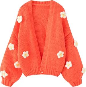 FindThy Womens Kawaii Strawberry Embroidered Cardigan Long Sleeve V Neck Chunky Knitted Cardigans Tops