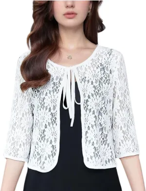 FindThy Womens Tie Front Chiffon Shrug Lightweight 3/4 Sleeve Cardigan Evening Dress Bolero Wraps