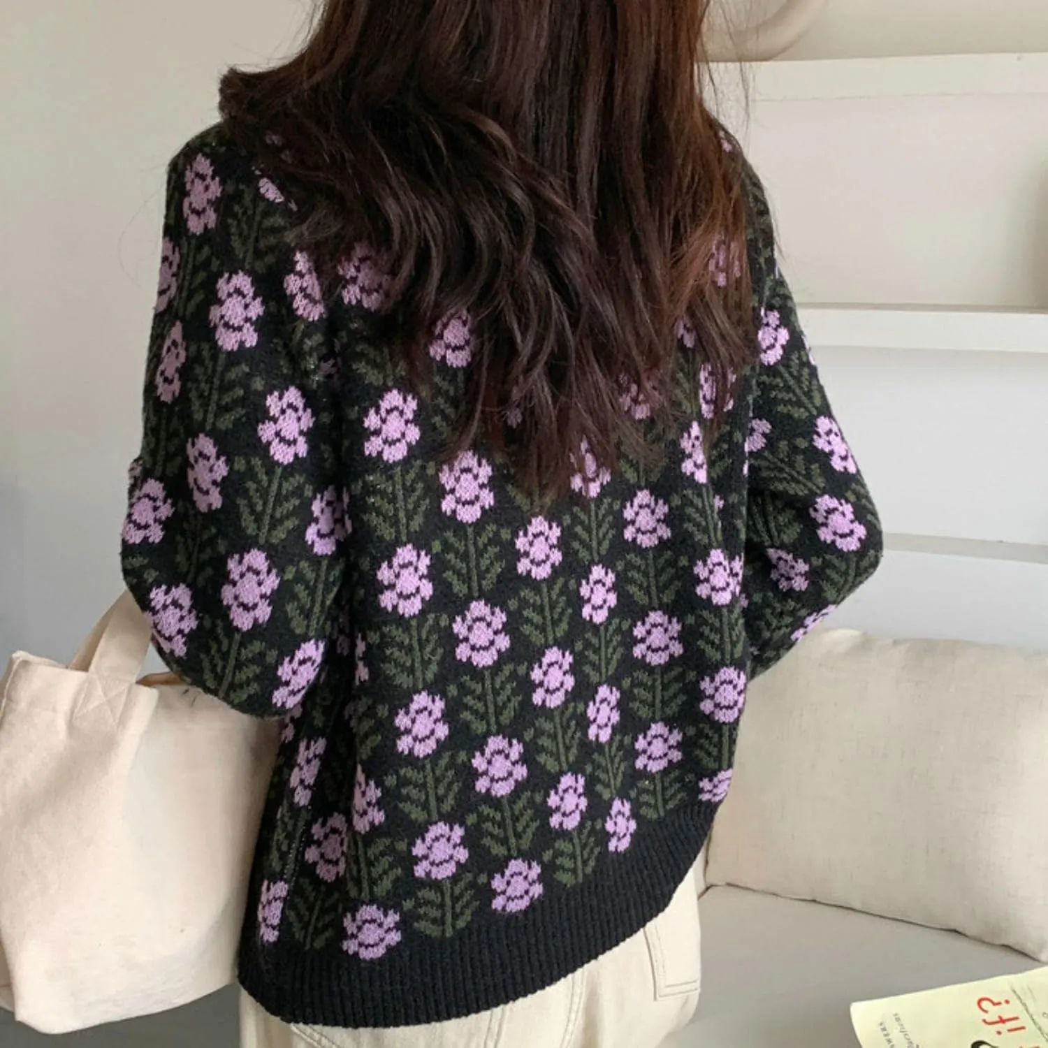 FindThy Womens Y2K Floral Print Cardigan Long Sleeve Crewneck Button Up Knit Sweater Cardigans